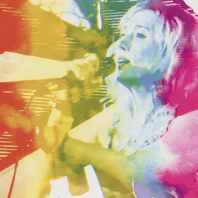 A highly stylized, colorful close-up portrait of Hannah Telle holding a microphone, with a heavy psychedelic pop-art vibe featuring bright pink, yellow, green, and blue tones by Amber Lauder.
