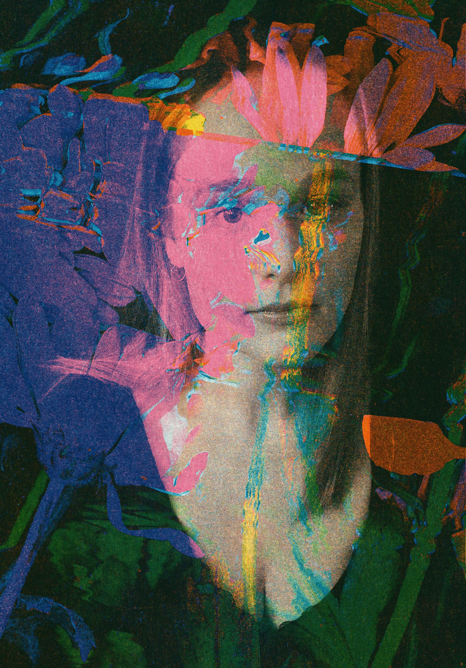 An abstract, colorful portrait artwork of Amber's face and shoulders, overlaid with floral shapes and vertical streaks in pink, blue, purple, green, yellow, and orange on a dark background.