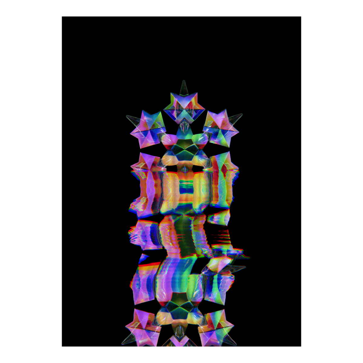A glitchy, colorful, abstract glass snowflake