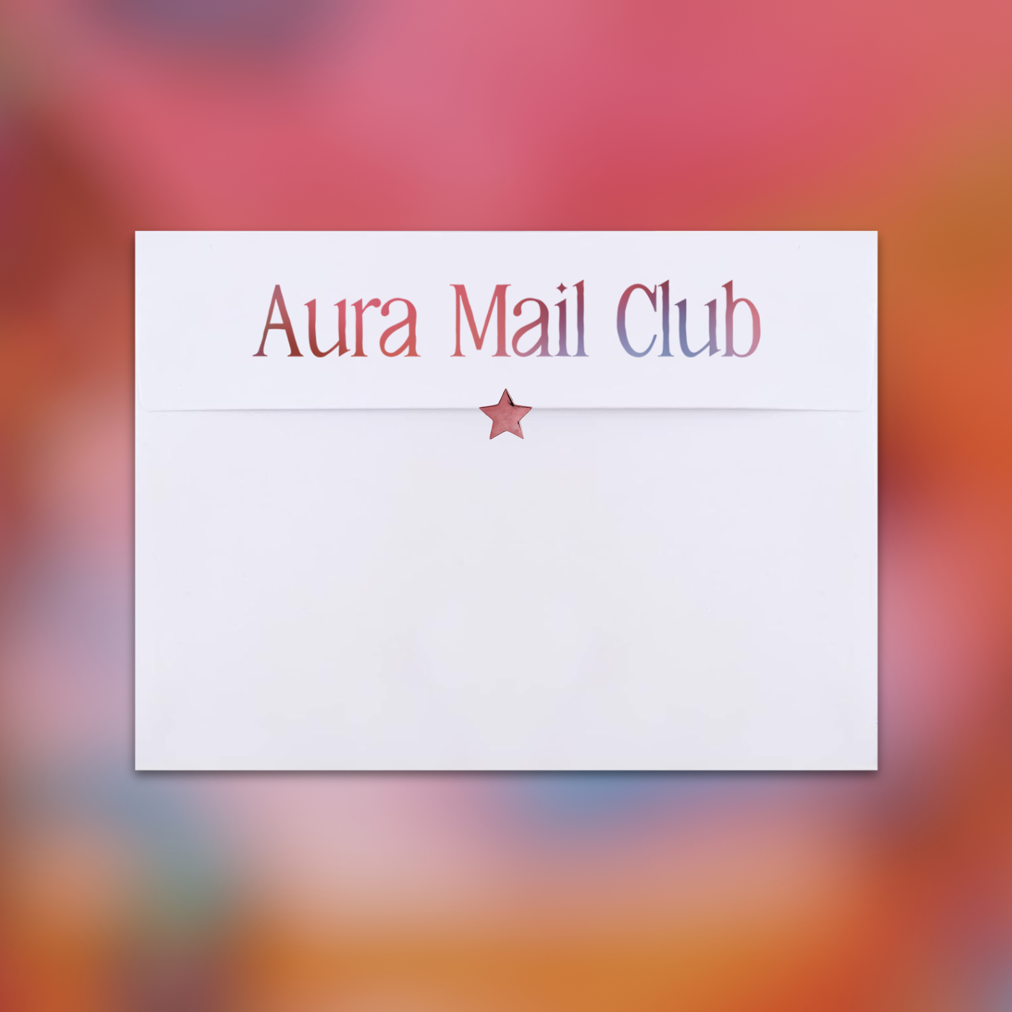Aura Mail Club envelope on a colorful blurred background