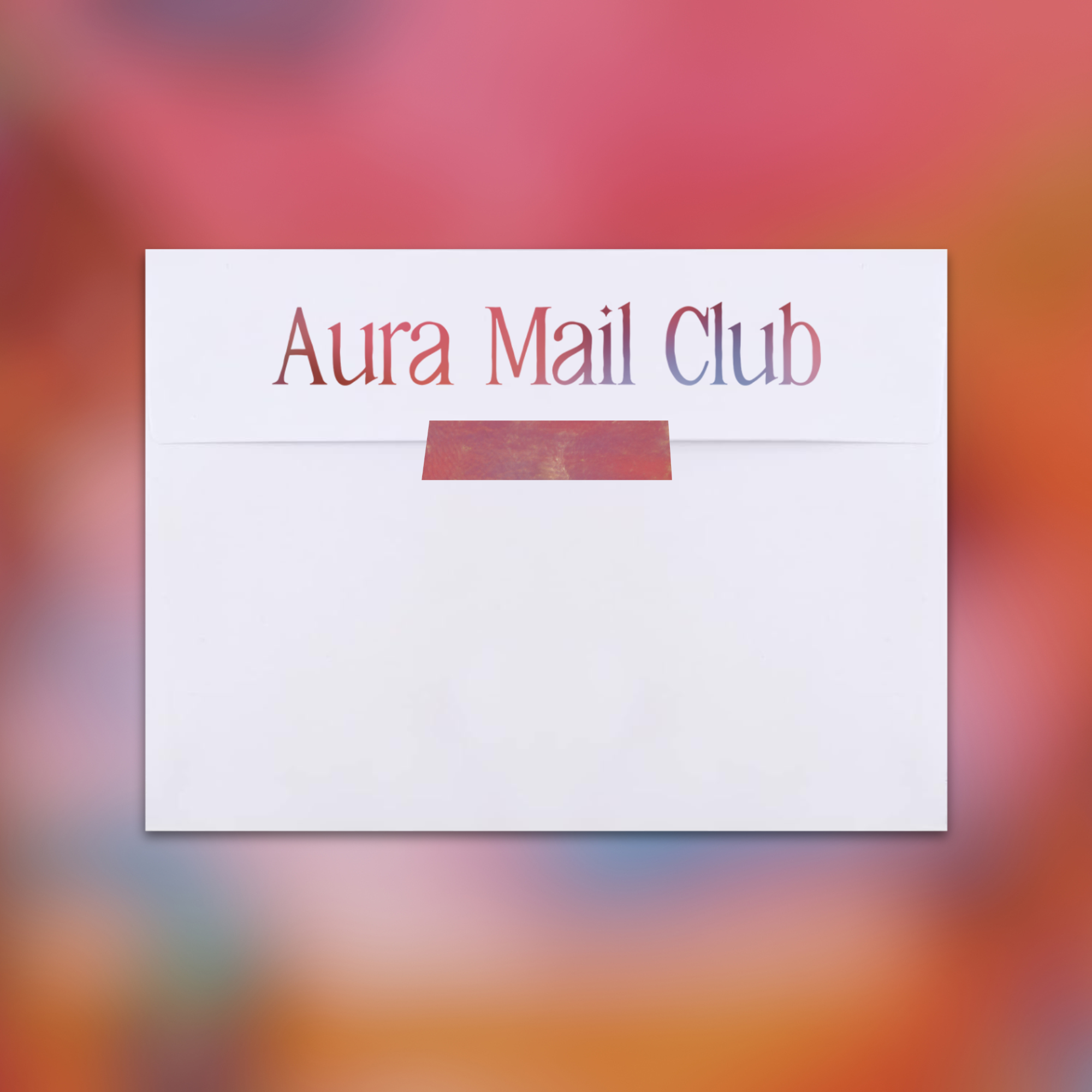 Aura Mail Club envelope on a colorful blurred background