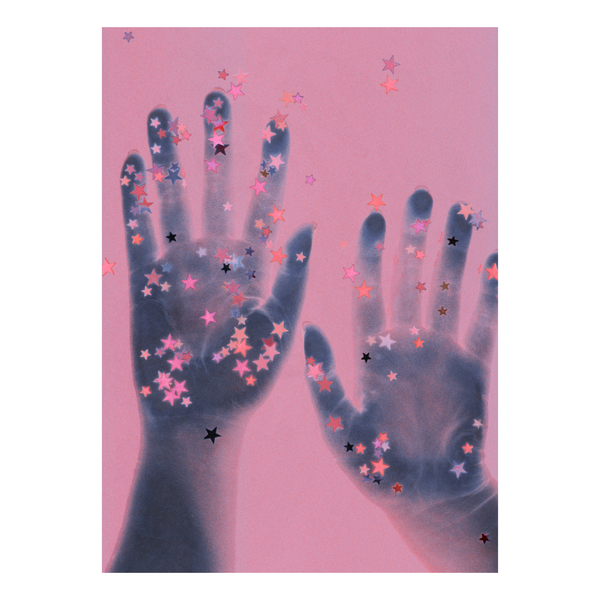 Handprints with star-shaped confetti on a pink background