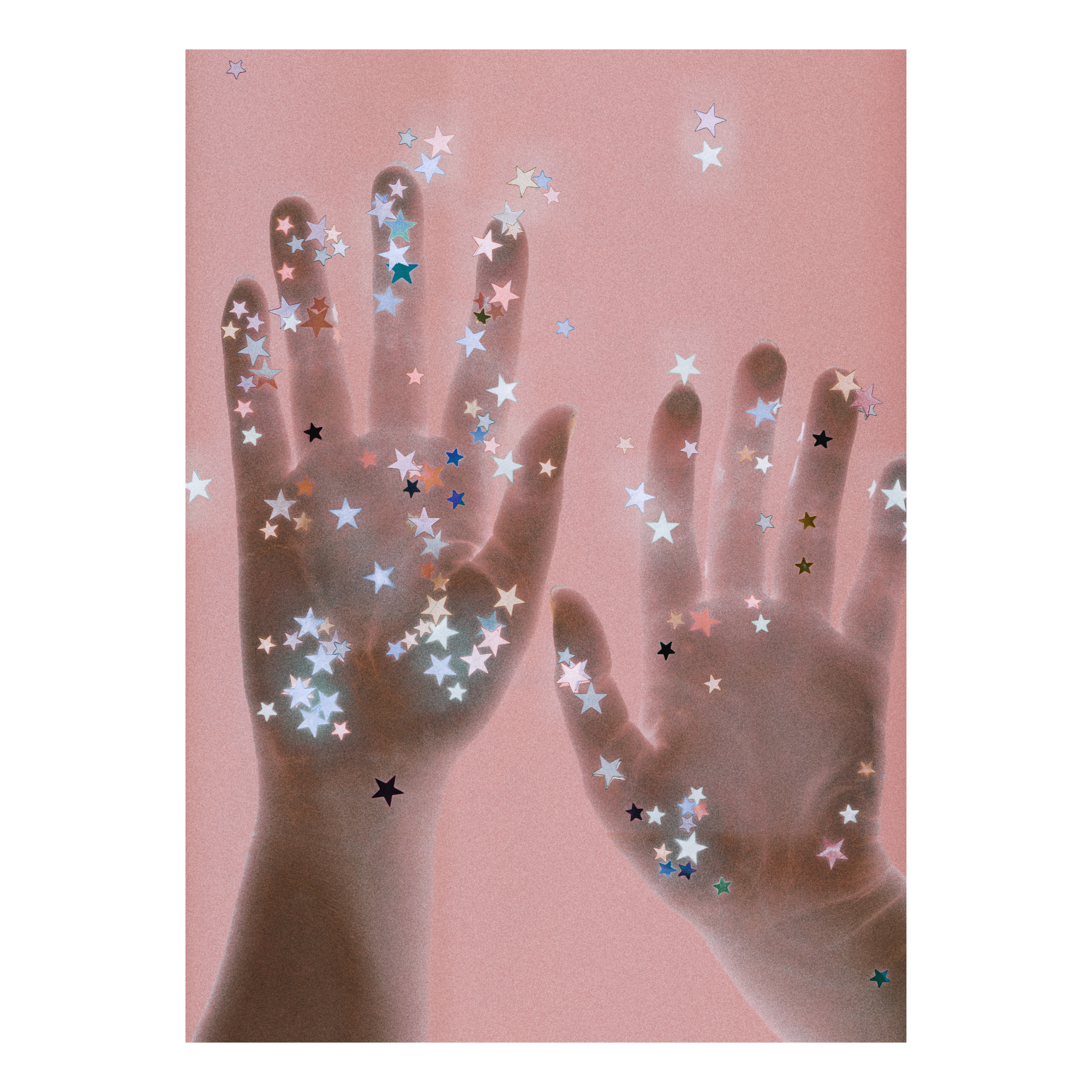 Handprints with star-shaped confetti on a beige background
