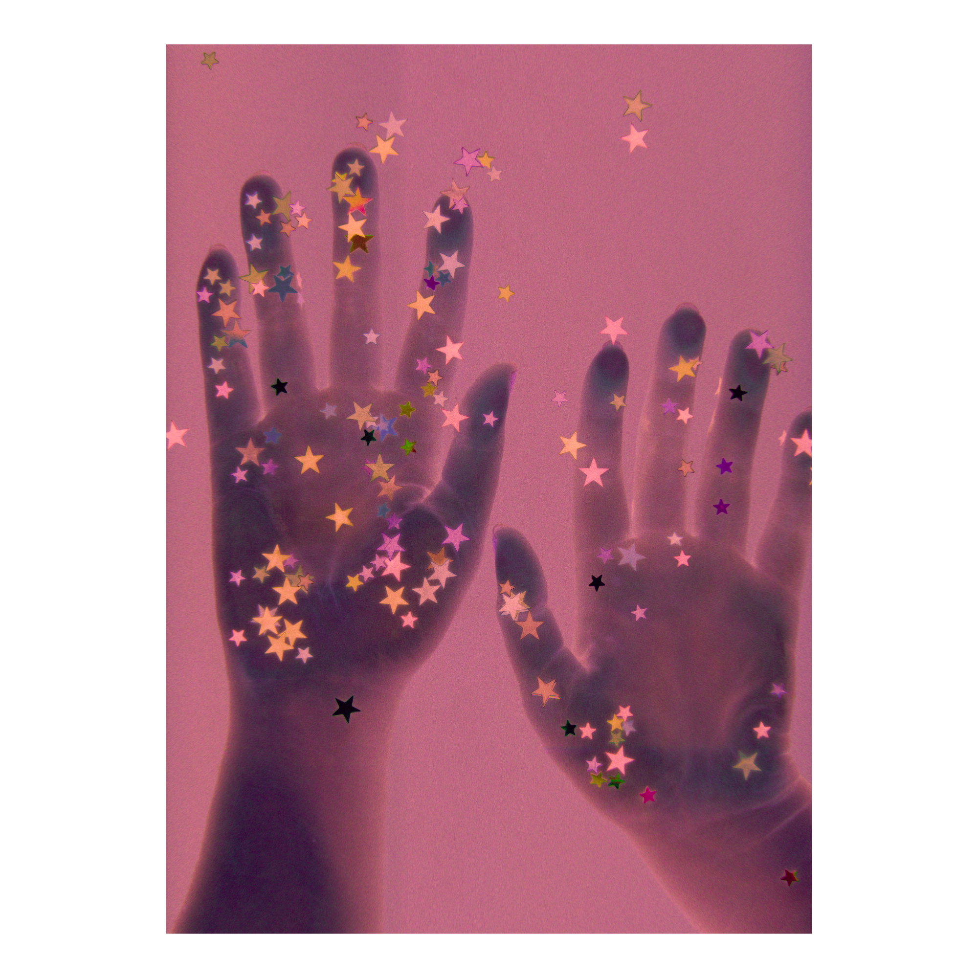 Handprints with star-shaped confetti on a reddish-pink background