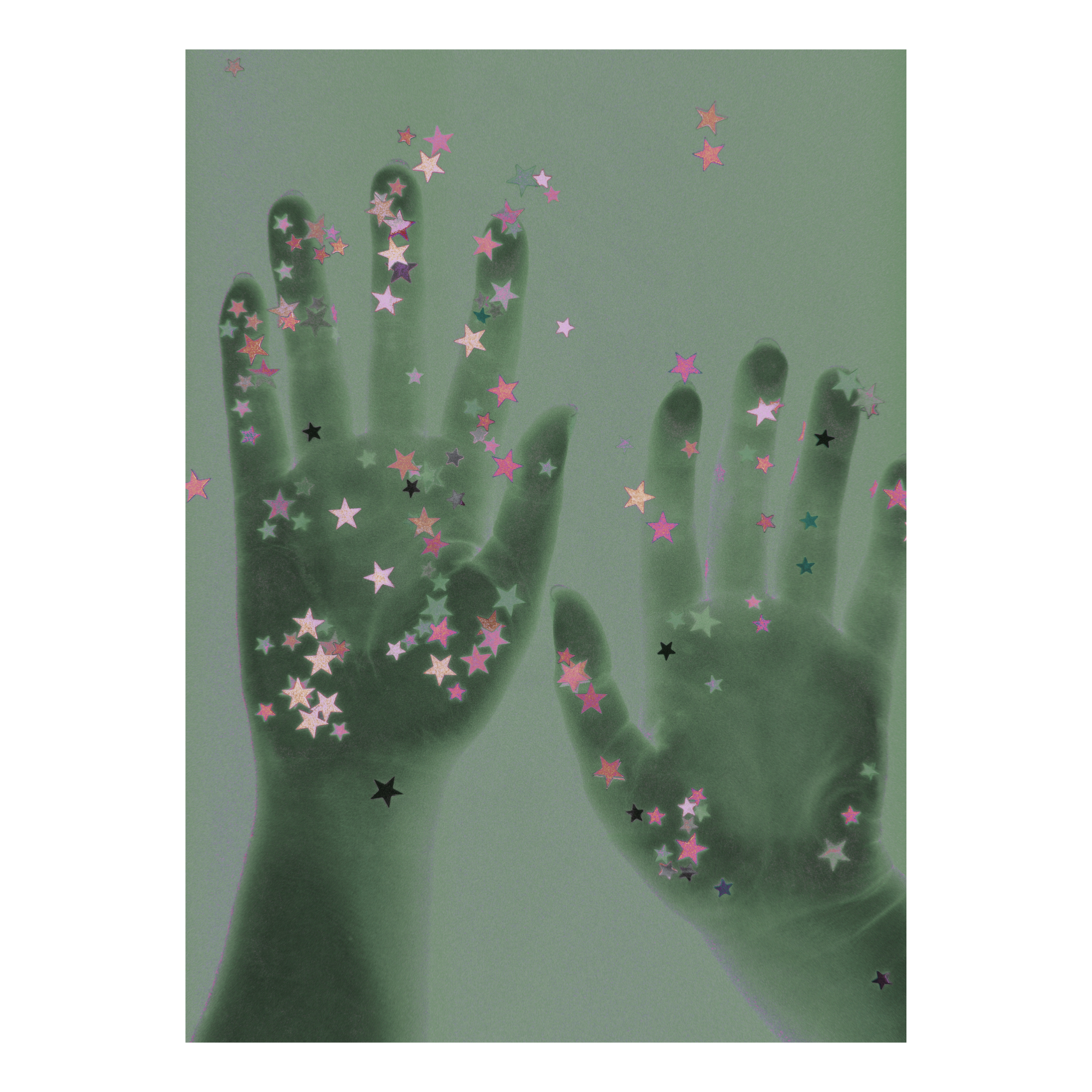 Handprints with star-shaped confetti on a green background