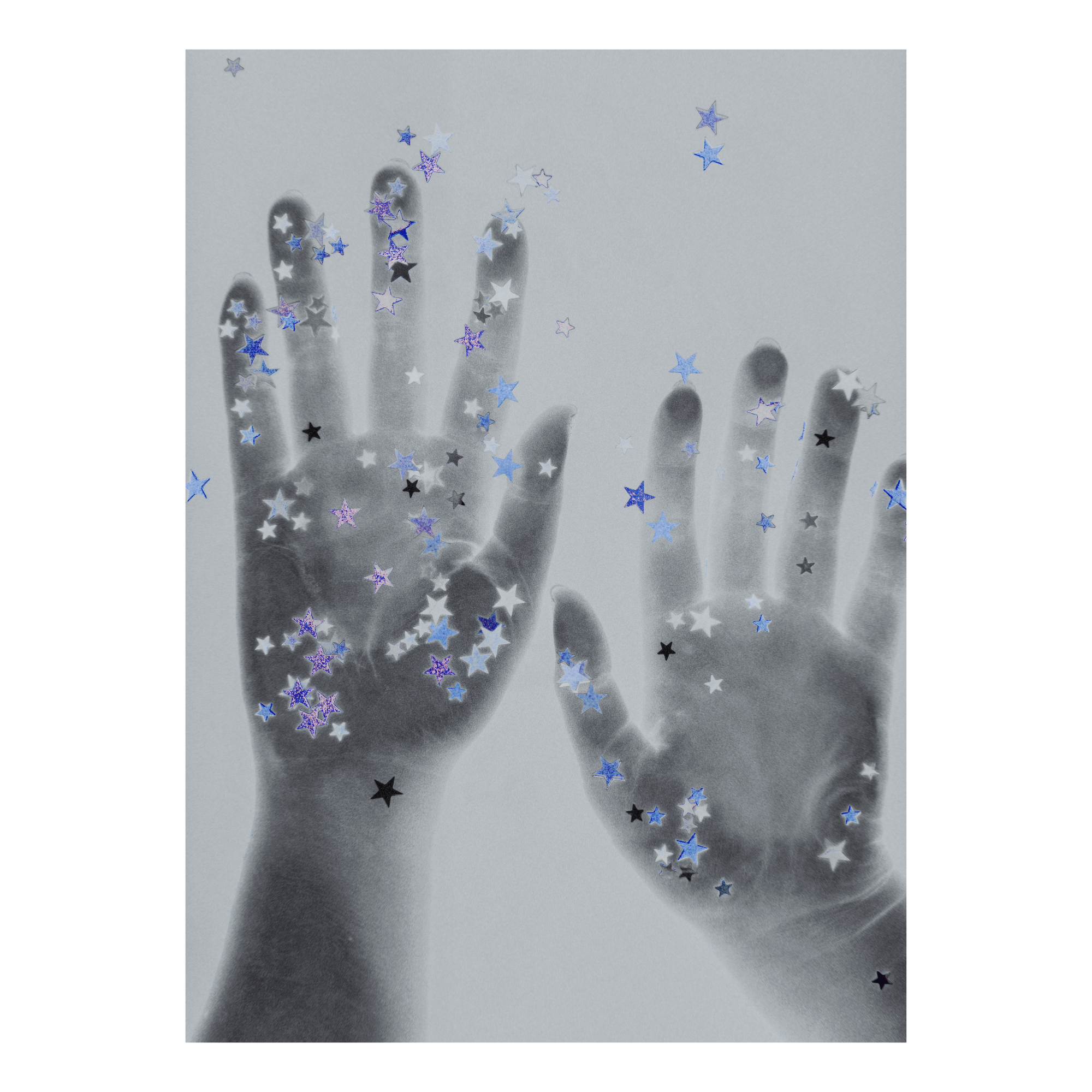 Handprints with decorative star confetti on a gray, blue and purple background