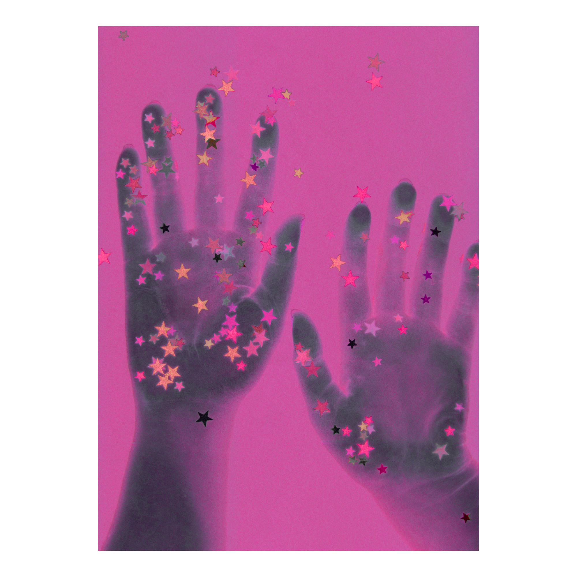 Handprints with star confetti on a deep pink background