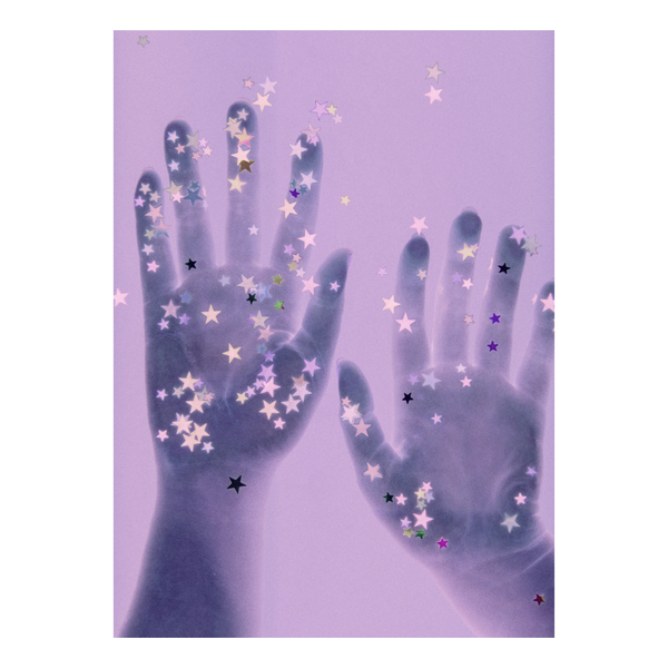 Handprints with star-shaped confetti on a light purple background
