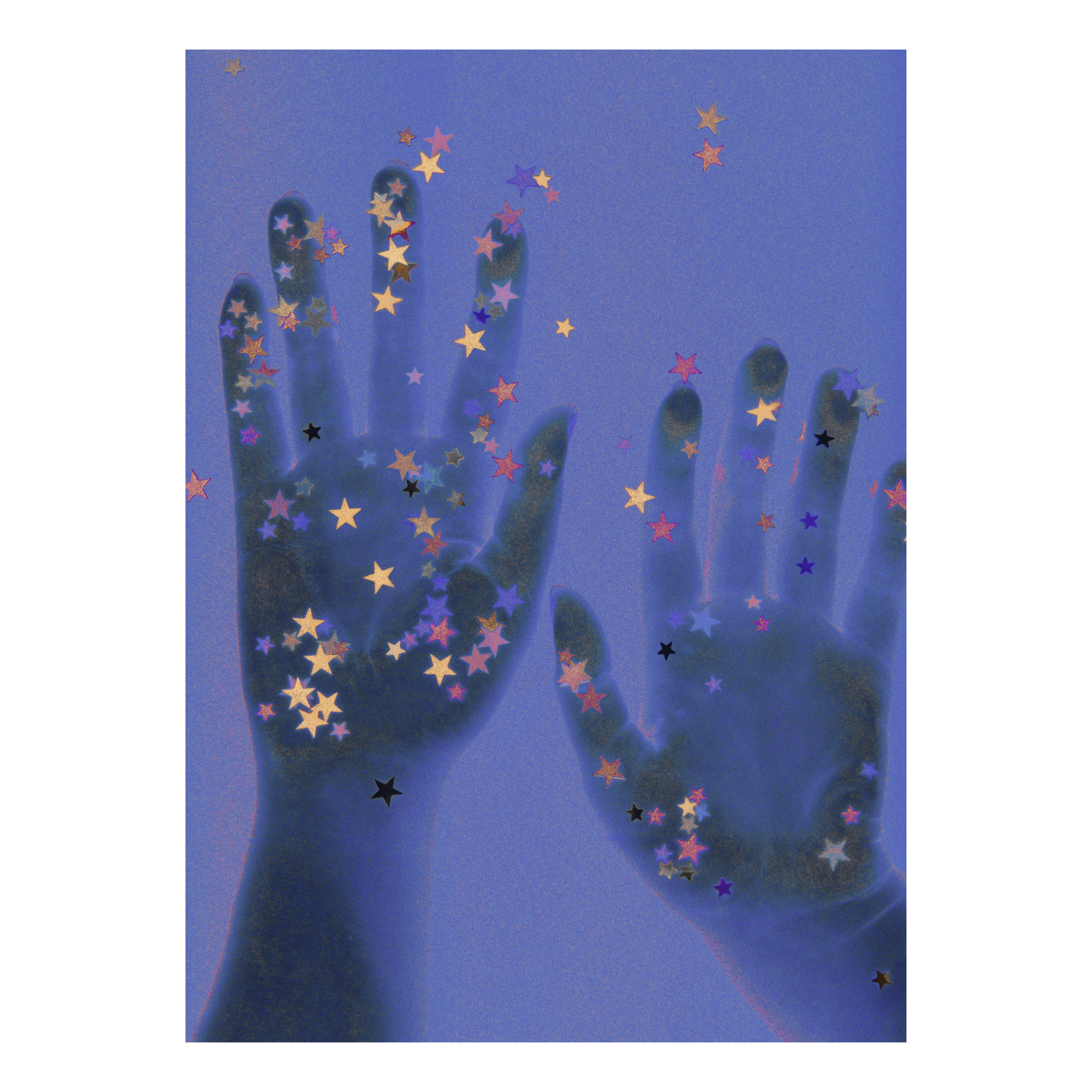 Handprints with star confetti on a blue background