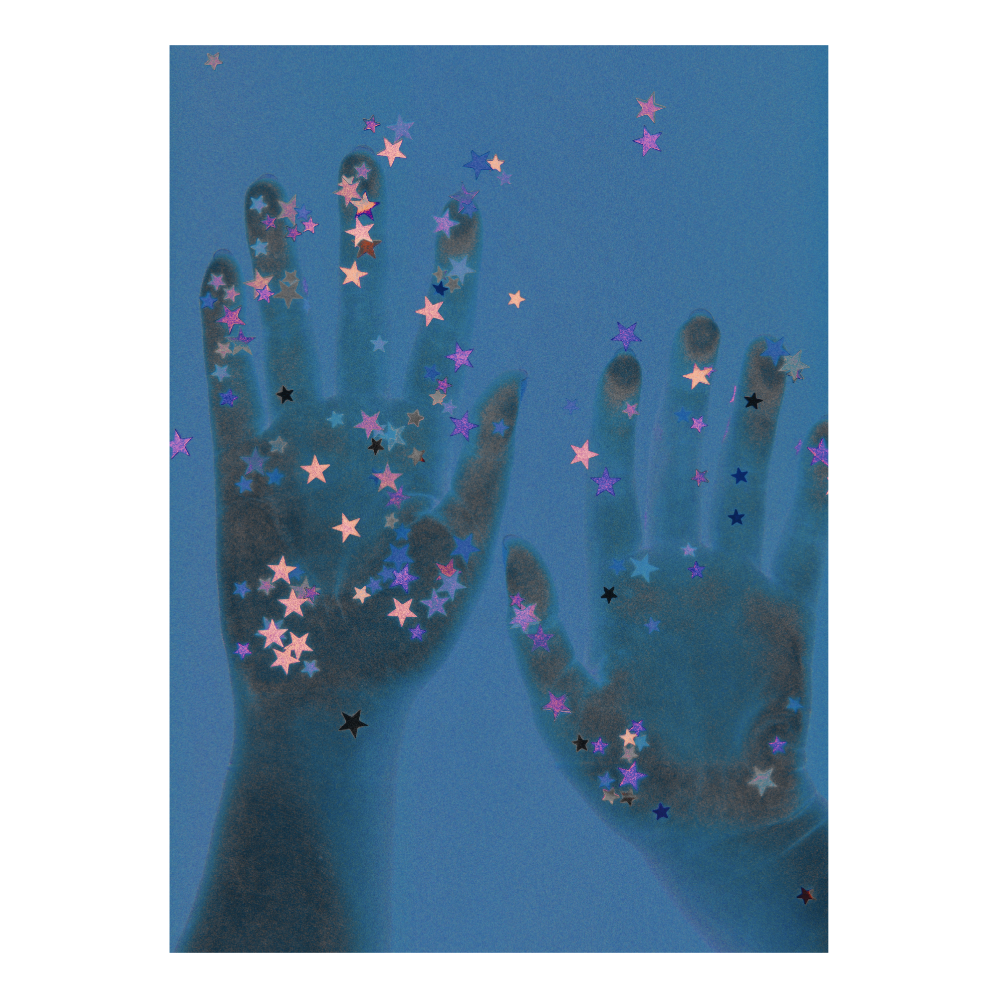 Handprints with star confetti on a light blue background