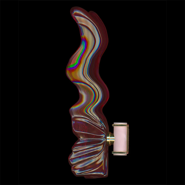 An abstracted, scanner distorted Carolina Herrera La Bomba perfume bottle against a solid black background.