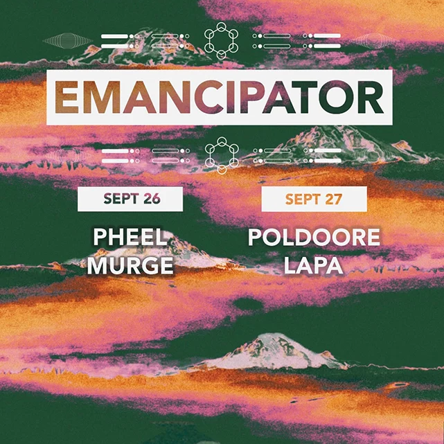 A square promotional graphic for the event 'EMANCIPATOR' with a stylized mountain landscape photo background in green, orange, and pink by Amber Lauder. The text displays dates 'SEPT 26' and 'SEPT 27' alongside venue names 'HEEL MURGE' and 'POLDOORE LAPA'.
