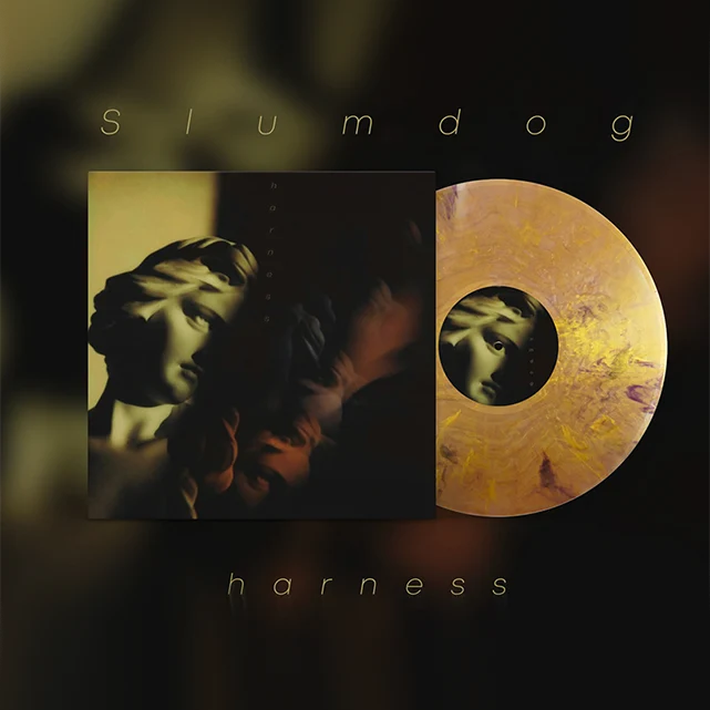 Album cover art for 'harness' by 'slumdog', featuring a dark square cover by Amber Lauder with an abstract Grecian bust face on the left and a marbled gold vinyl record on the right, set against a dark blurred background.