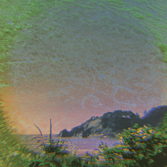 A rocky cliff landscape near a body of water and lush, floral greenery overlaid with colorful water ripples by Amber Lauder