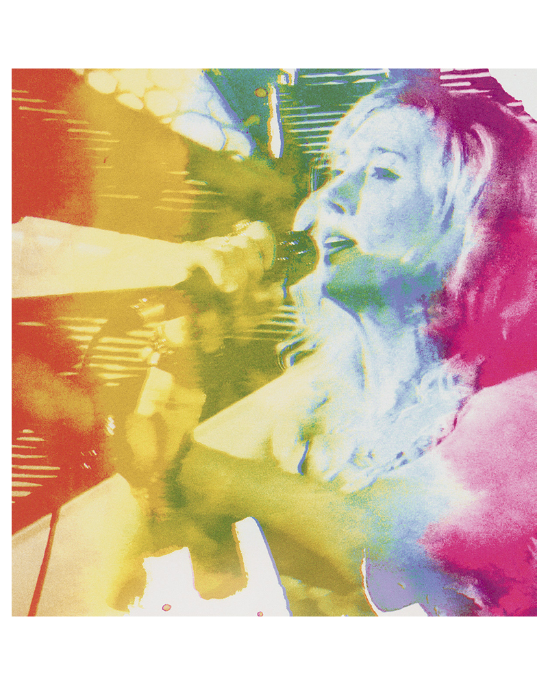 A colorful pop art style photo depicting Hannah Telle holding a microphone, rendered in a vibrant rainbow gradient of red, orange, yellow, green, blue, and purple.