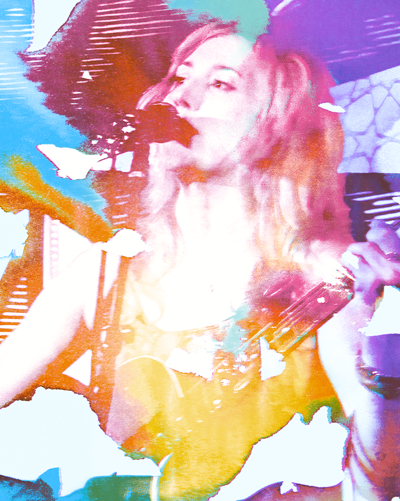 A highly stylized close-up of Hannah Telle holding a microphone and playing a guitar, rendered with bright neon color overlays including pink, blue, yellow, and purple.