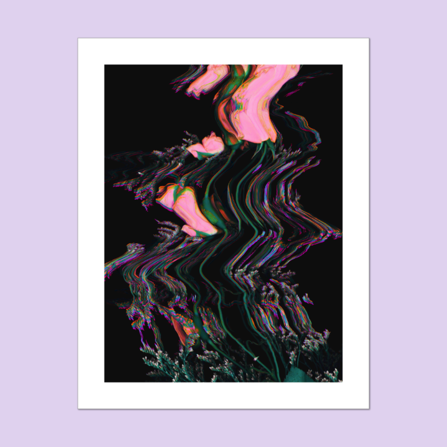A print of a scanographic surreal, pink, purple and green floral artwork on a black background, with a white border against a purple background.