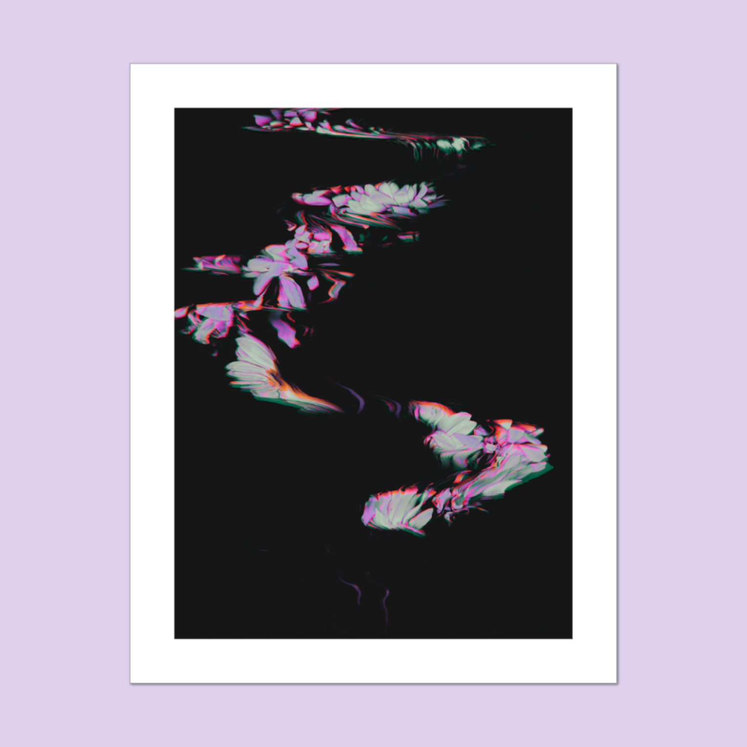 A print of an abstract floral design on a black background with a white border against a purple background