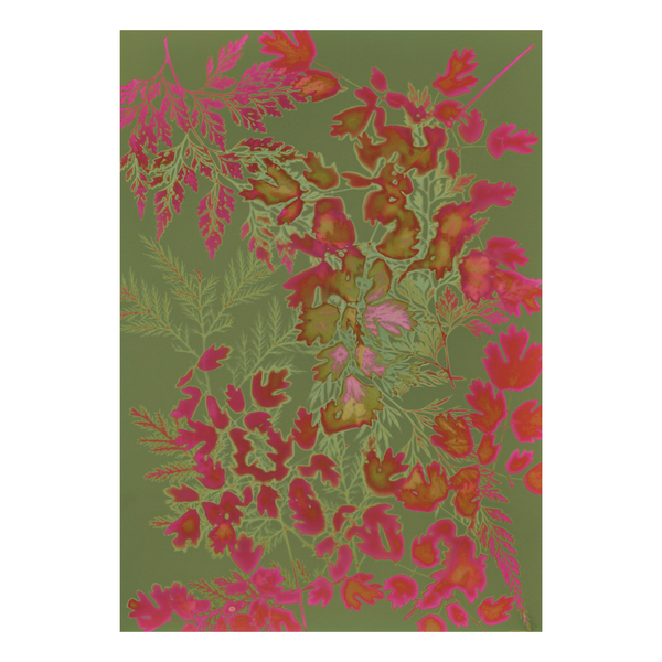 Floral pattern with pink and red flowers on a green background