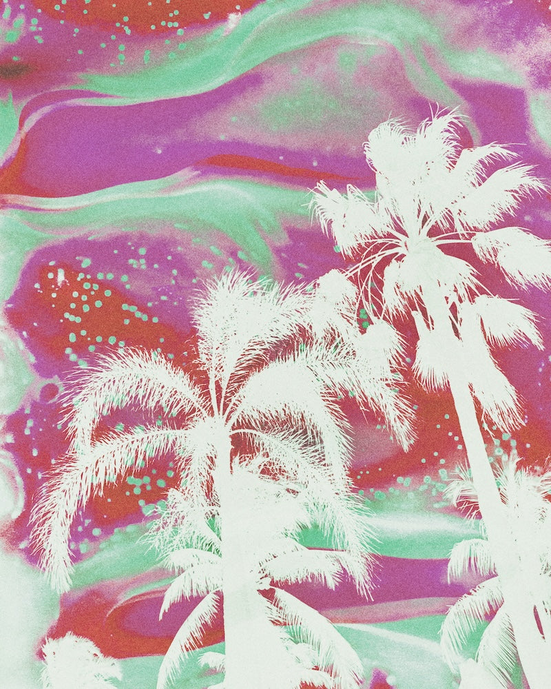 White palm trees on a colorful abstract background with pink, green, and purple hues.