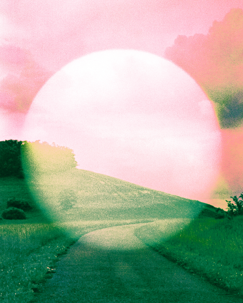 Surreal landscape with a large pink sphere and green fields.