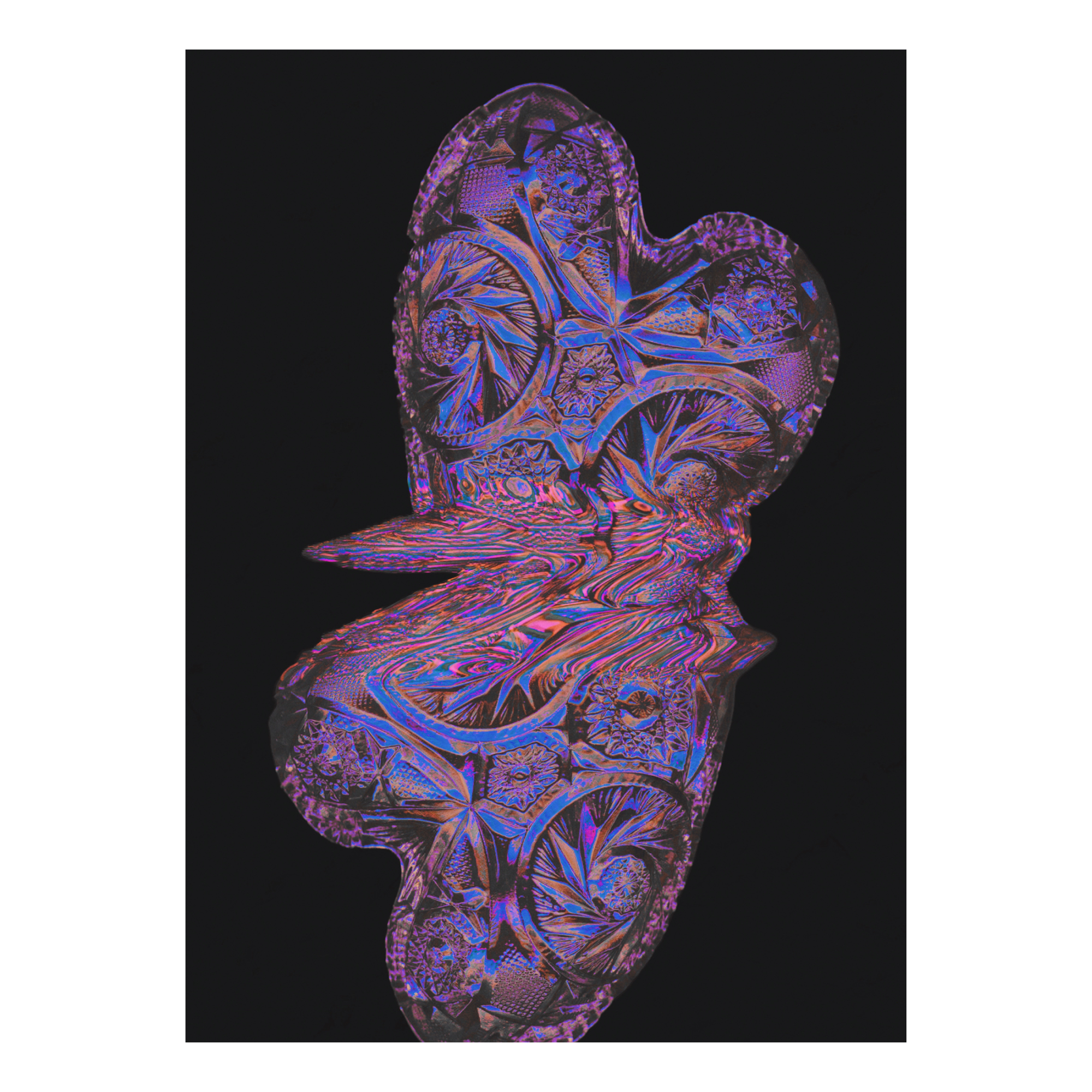 A glitchy, abstract glass heart in purple tones