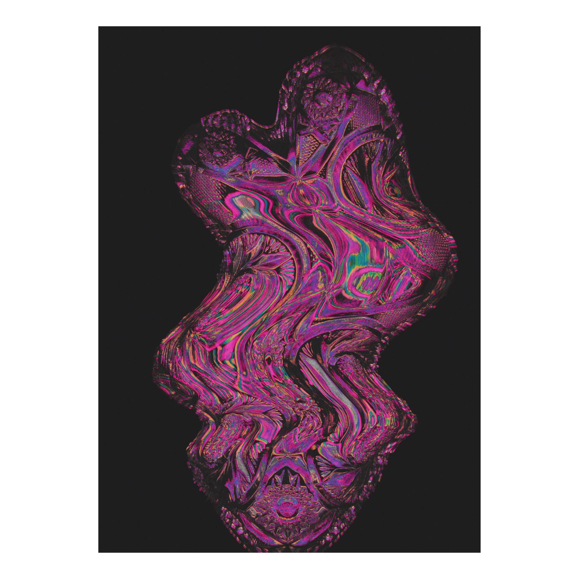 A glitchy, abstract glass heart in pink tones