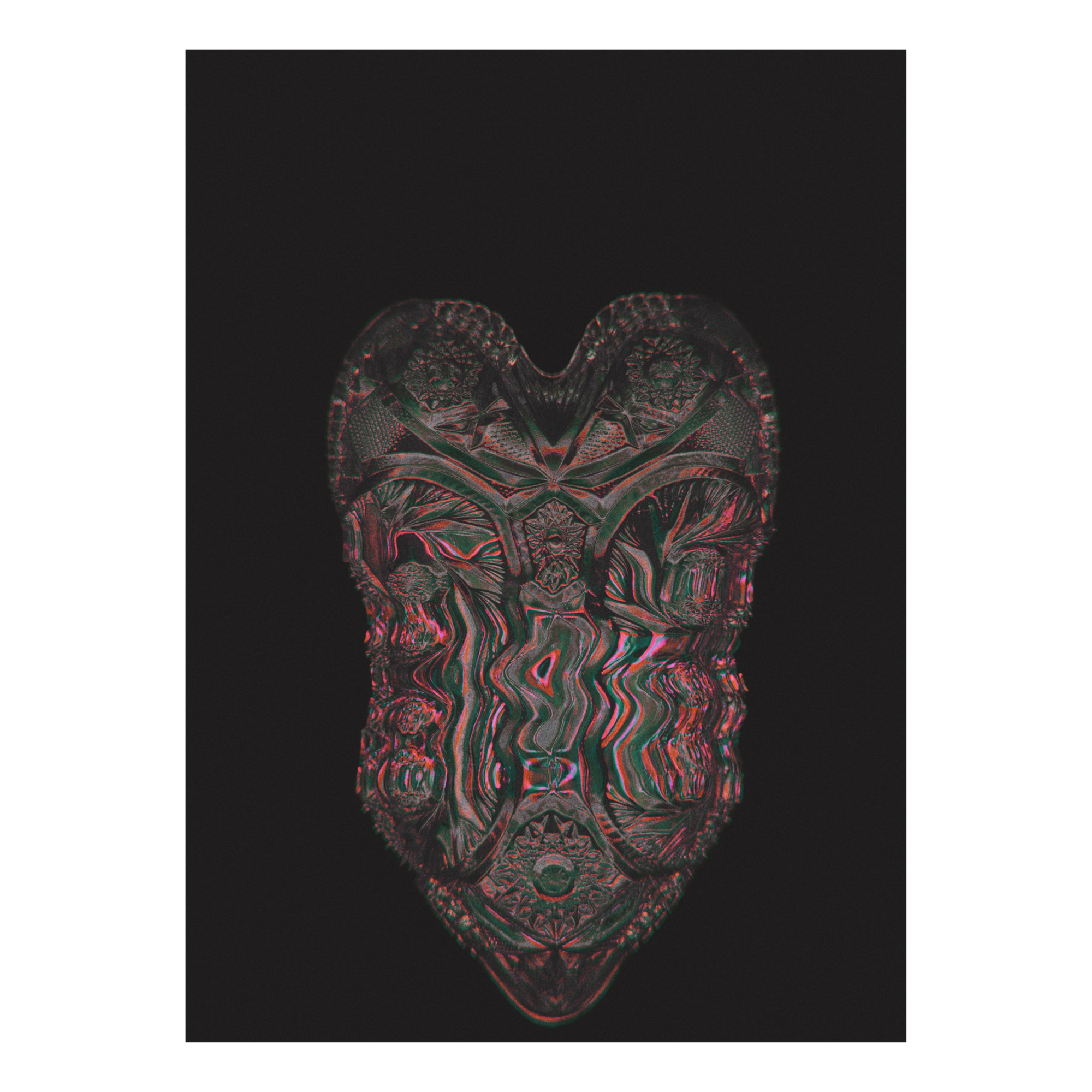 A glitchy, abstract glass heart in green tones