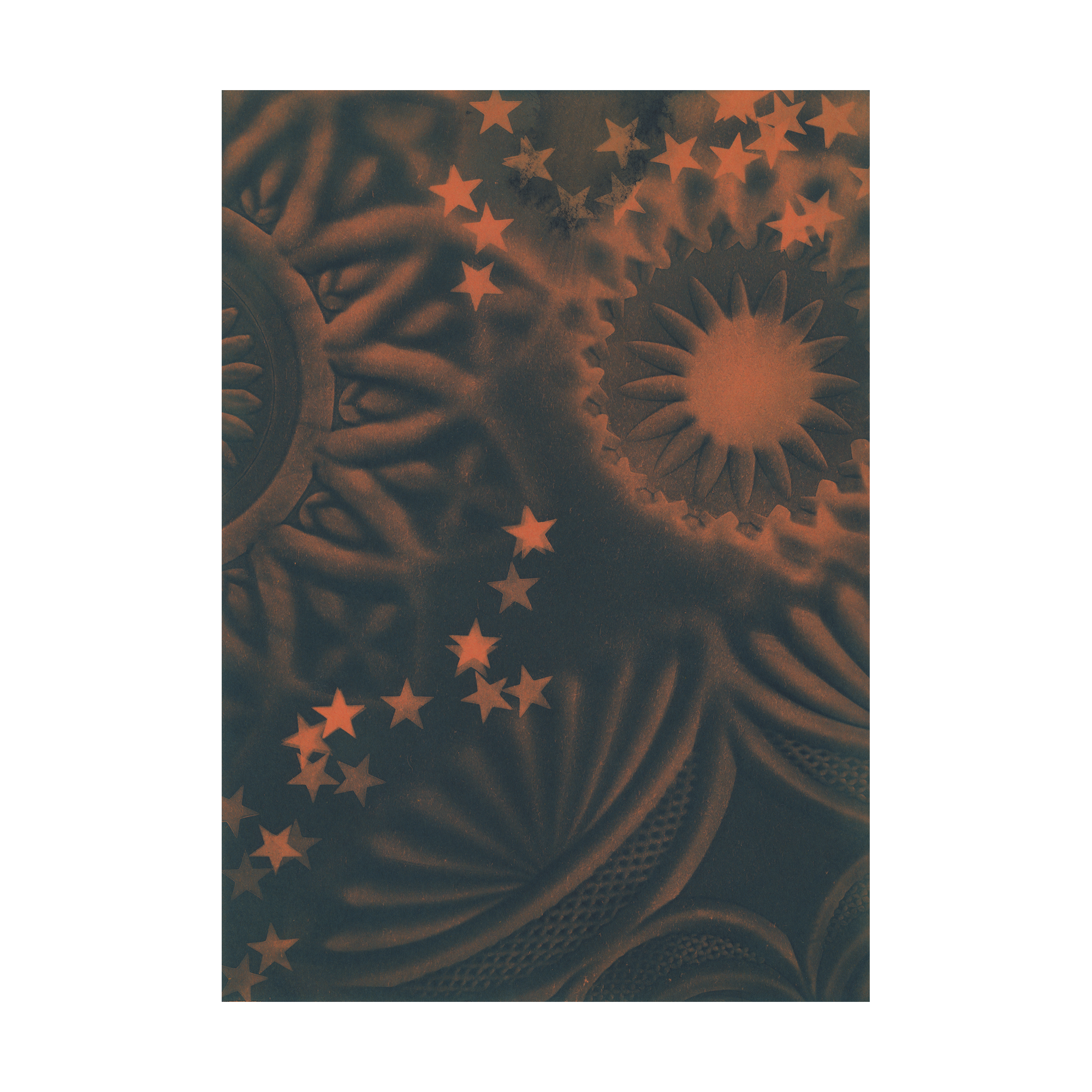 Orange and blue cyanotype of intricate glass designs and star sequins