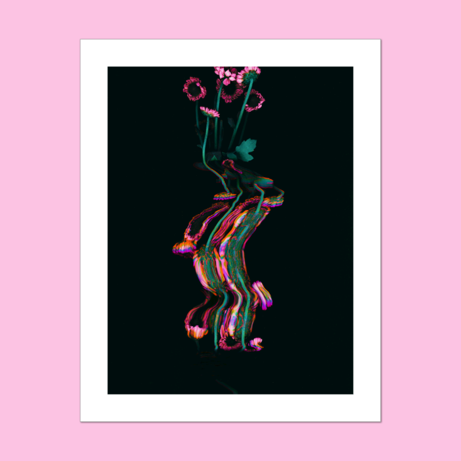 A print of a scanographic abstract, pink and green floral artwork on a black background, with a white border against a pink background.