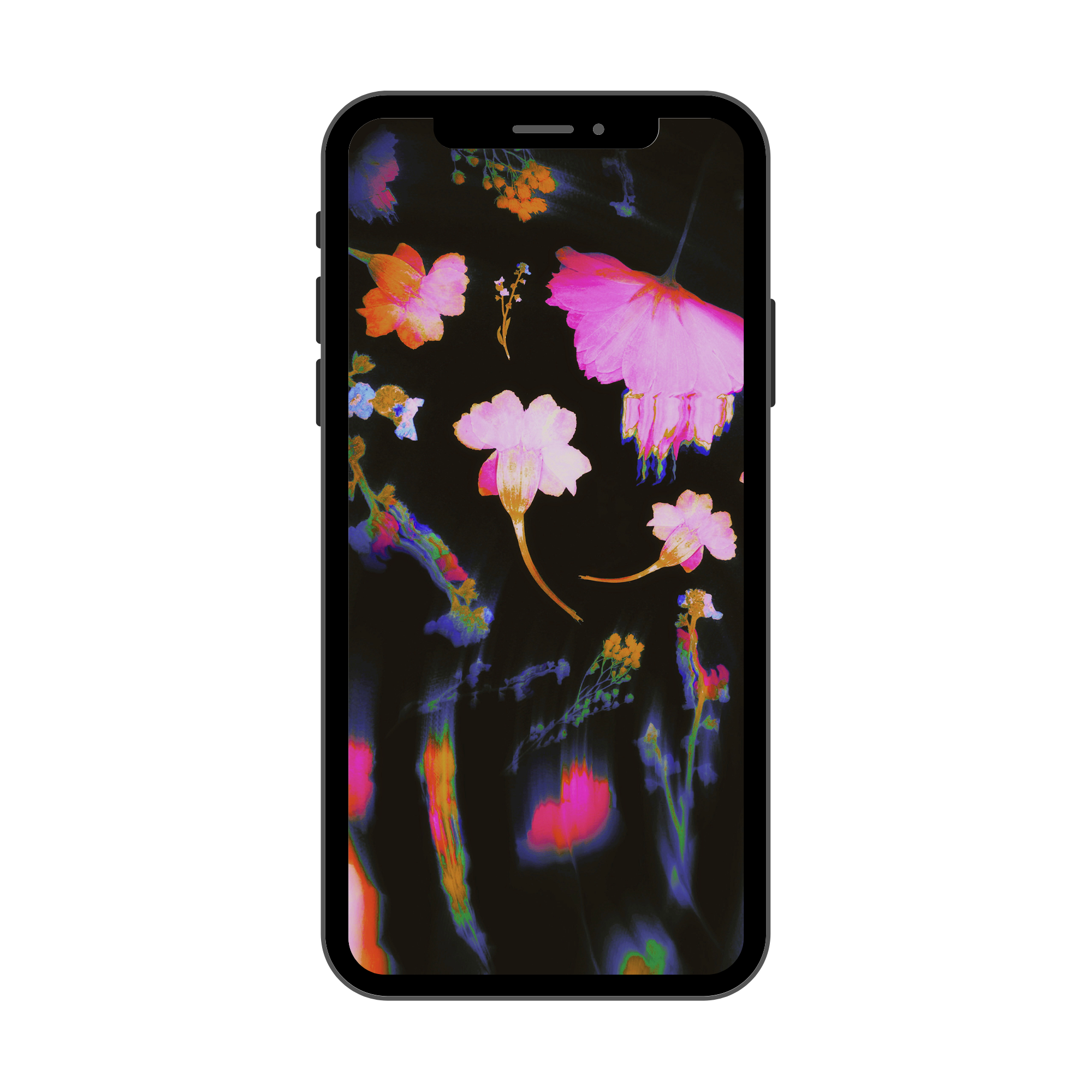 Phone case with a colorful floral pattern screensaver on a black background