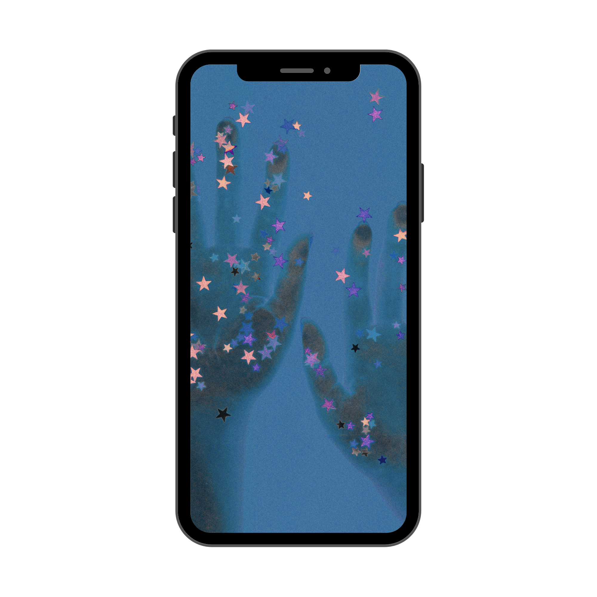 Phone case with a screensaver featuring two hands surrounded by stars