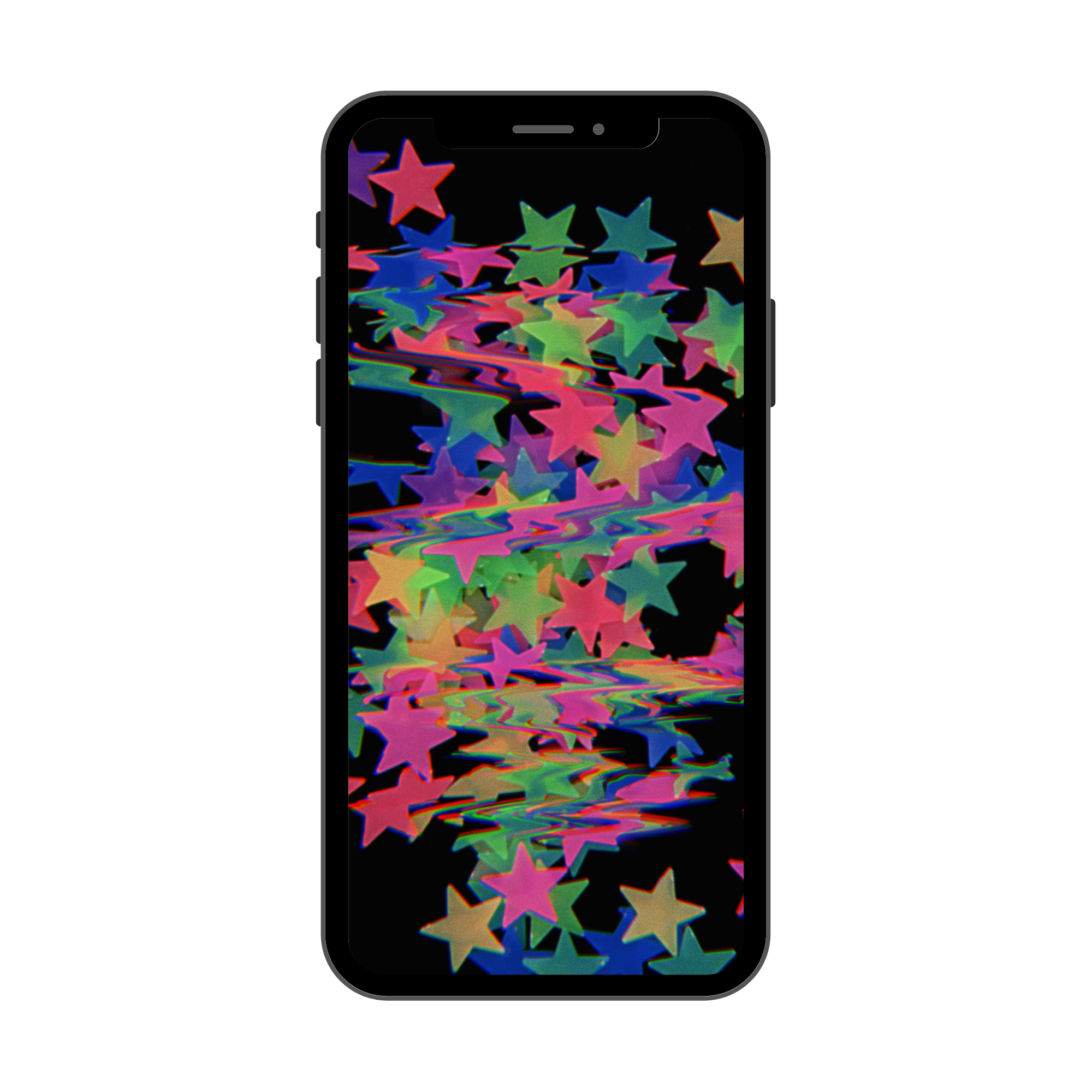 Phone case with colorful glow in the dark star pattern on a black background