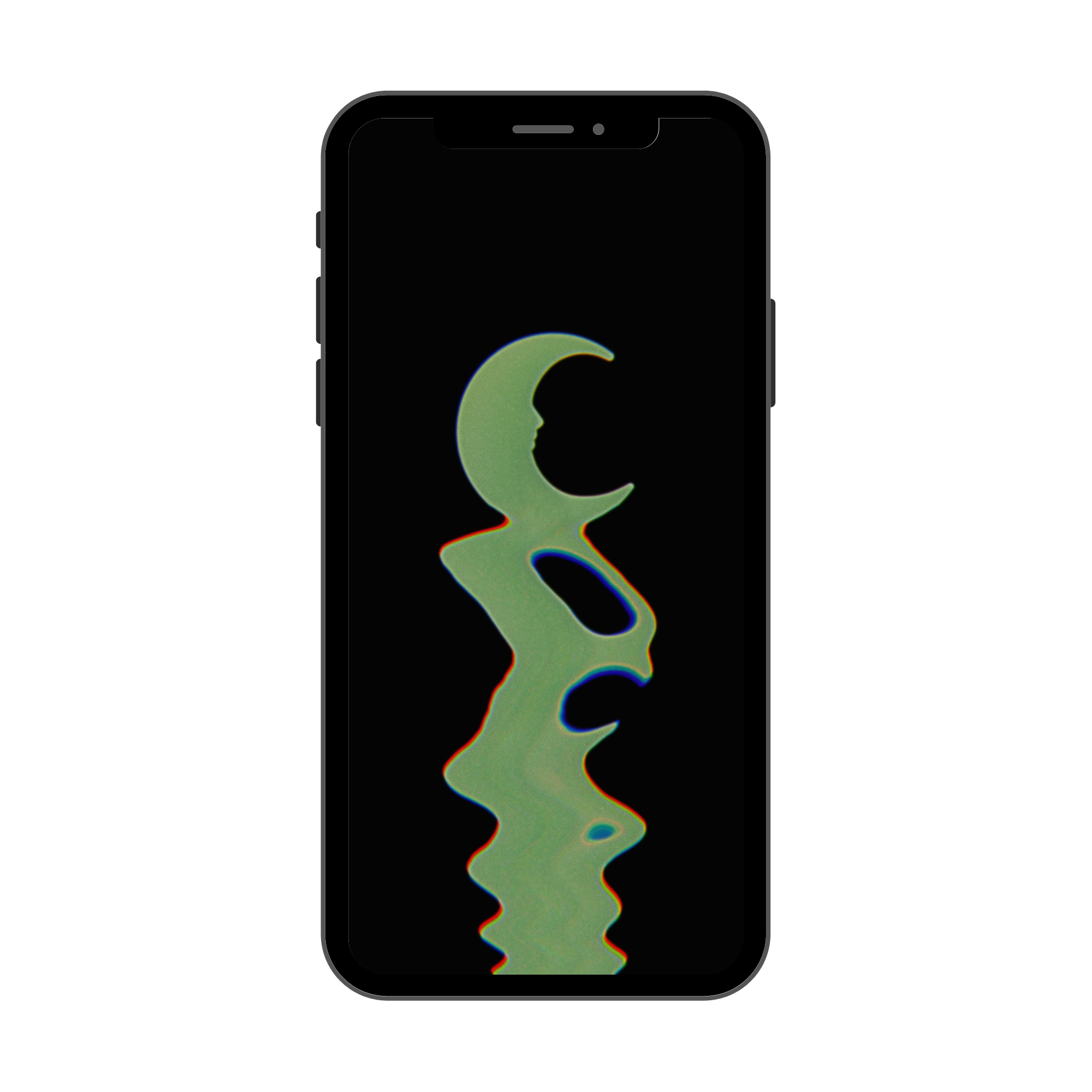Phone case with a green and blue abstract moon design on a black background