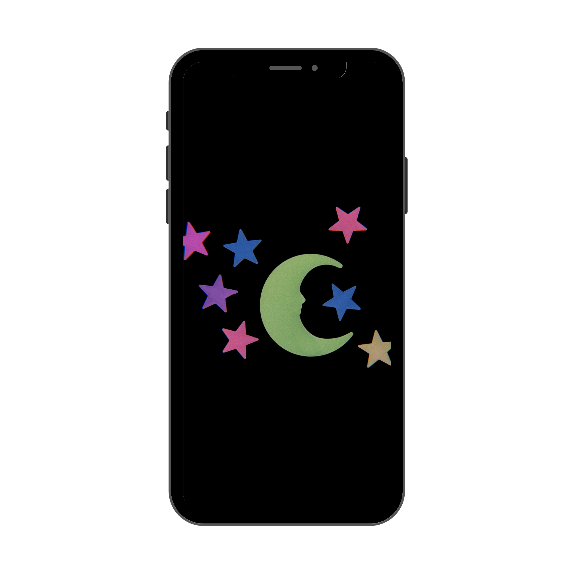 Phone case with colorful moon and star design on a black background