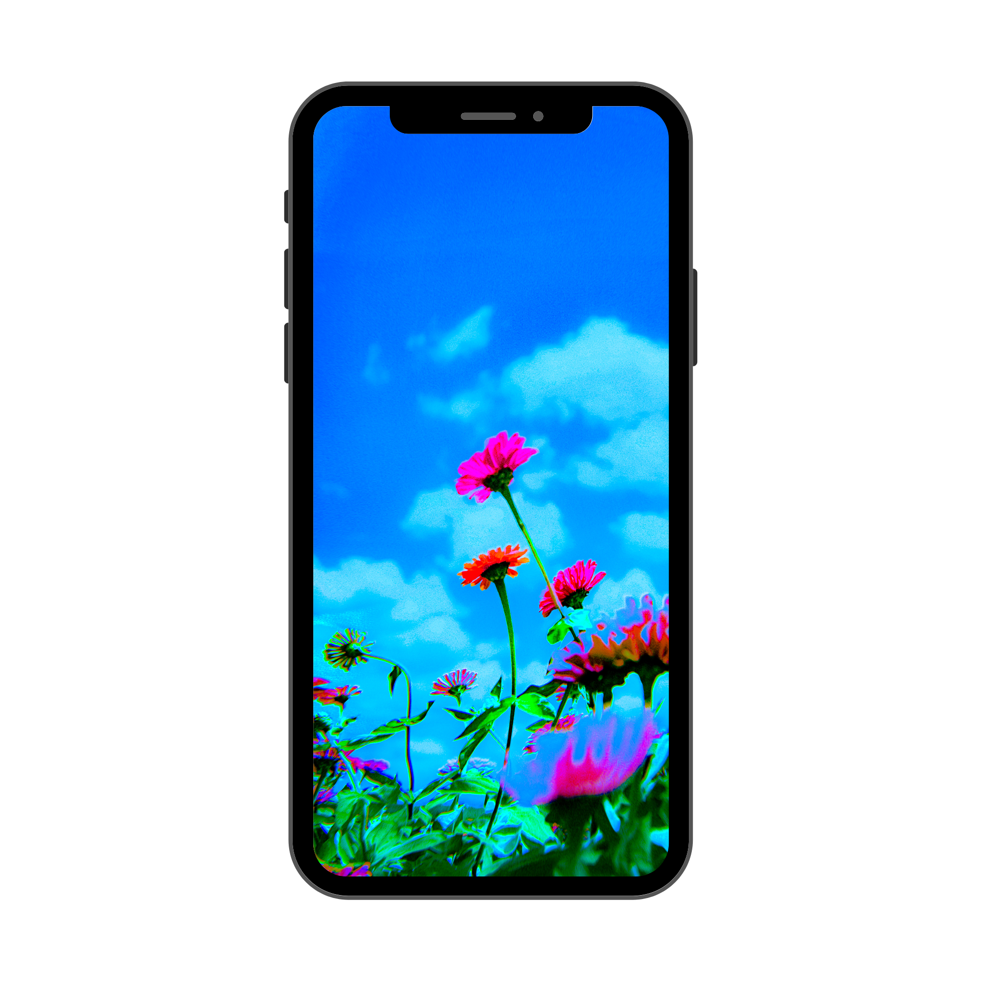 Phone case with a colorful floral landscape screensaver