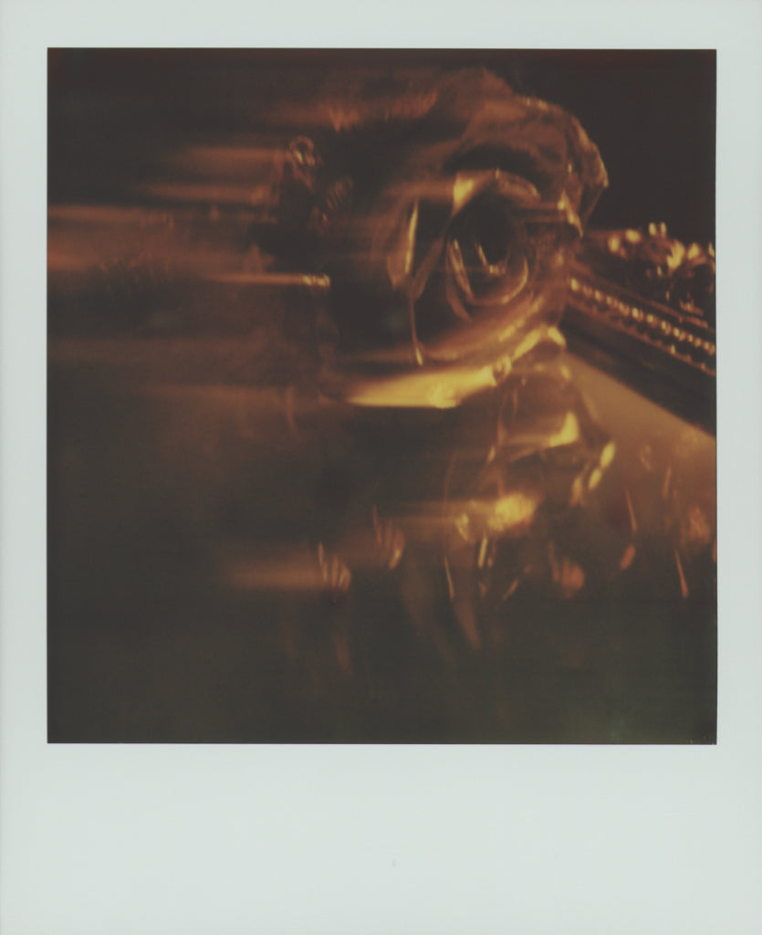 Close-up of a blurred rose with a warm, amber color tone against an ornate mirror on a dark background