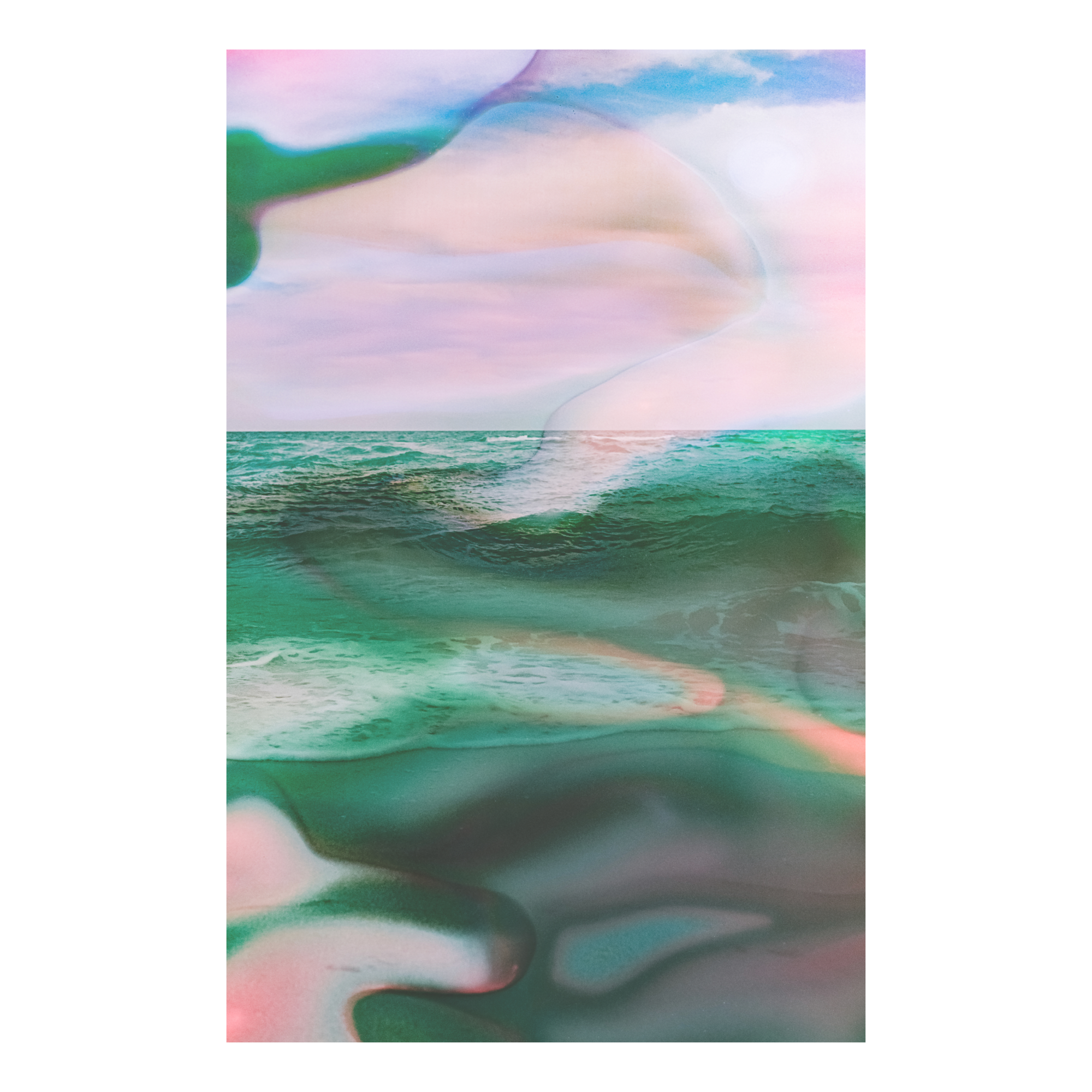 Ocean shore and waves with pastel pink and blue-green tones