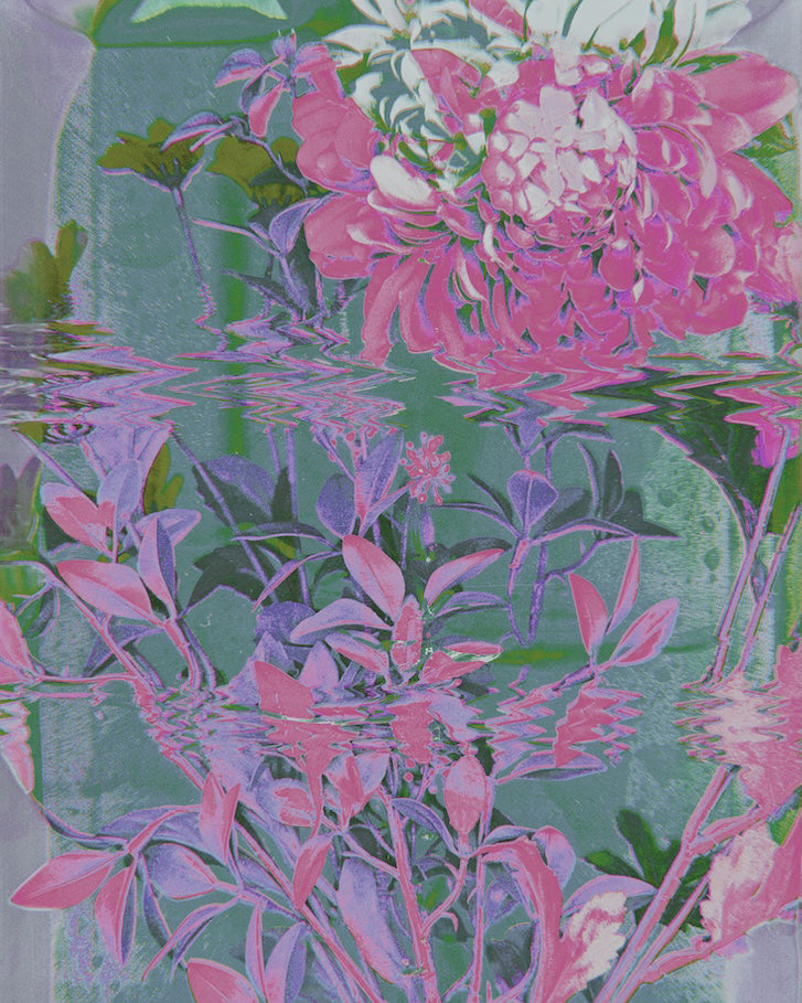 Abstract, glitchy flowers with pink, purple and green colors on a textured background