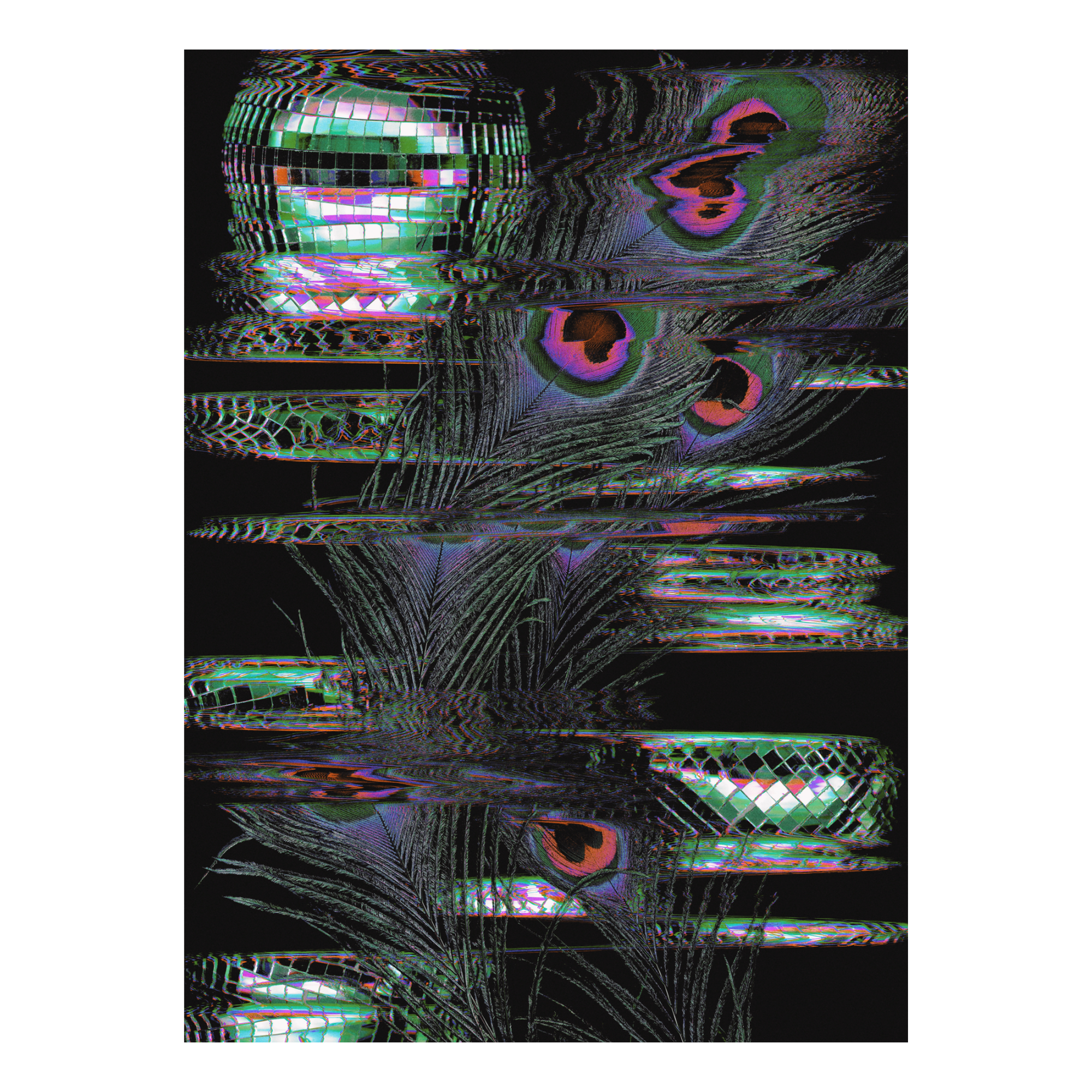 Abstract, glitchy, colorful disco balls and peacock feathers