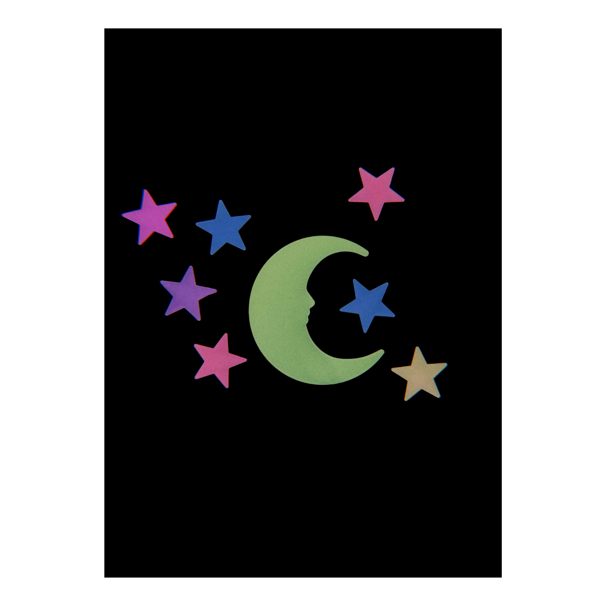 Colorful moon and stars design on a black background