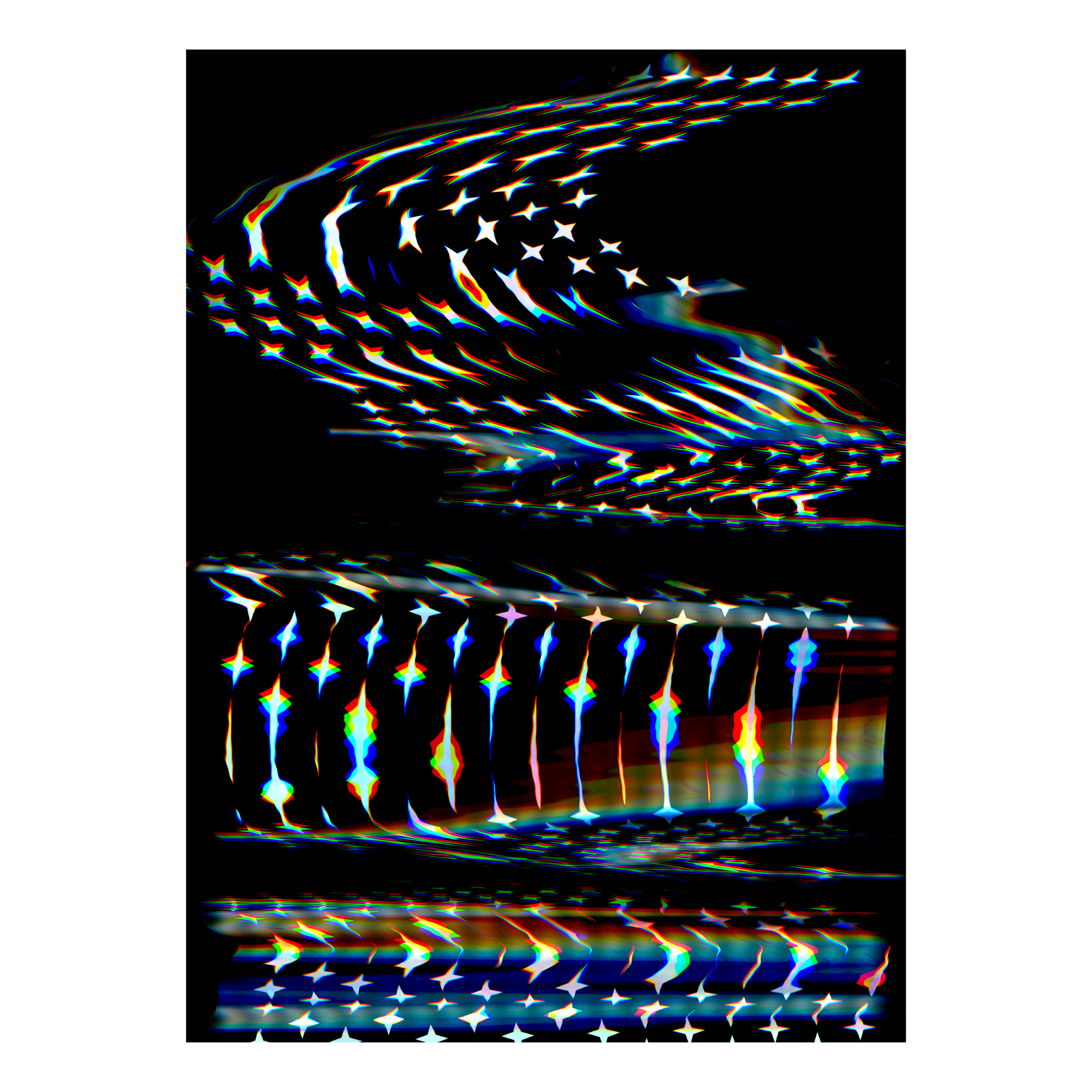 Colorful, abstract holographic stars falling downward on a black background