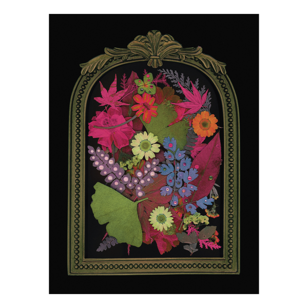 Colorful green, purple, pink, blue, orange and flowers and leaves inside an ornate green frame on a black background